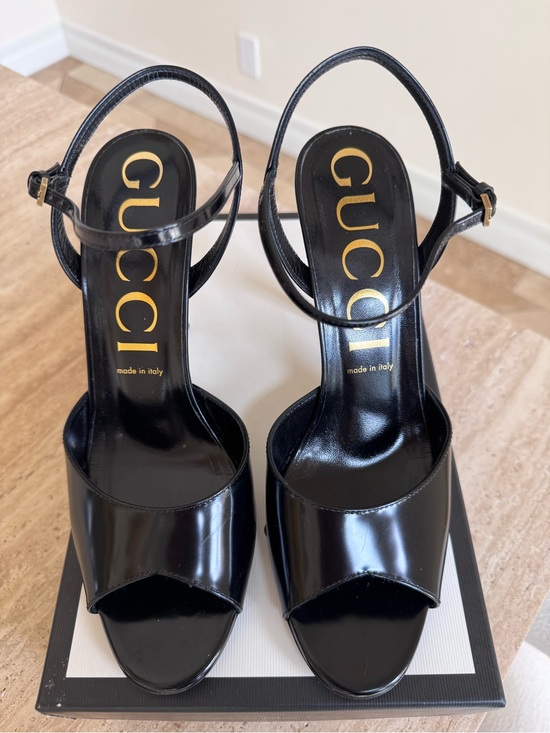 Gucci Shoes - Gucci Black Patent Leather Ankle-Strap Open-Toe Heels